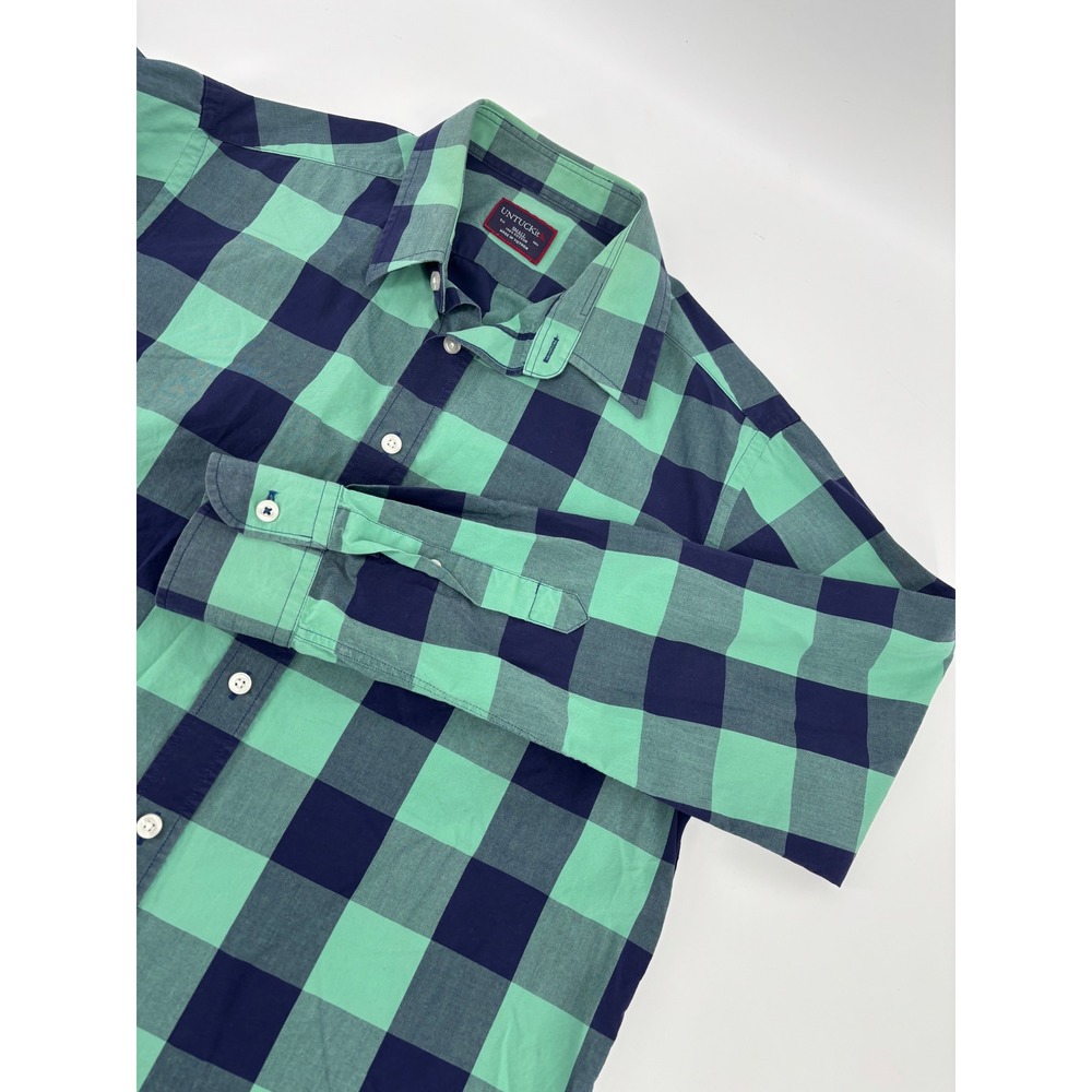 UNTUCKit Mens Small Green Navy Blue Buffalo Check Cotton Button Down Shirt